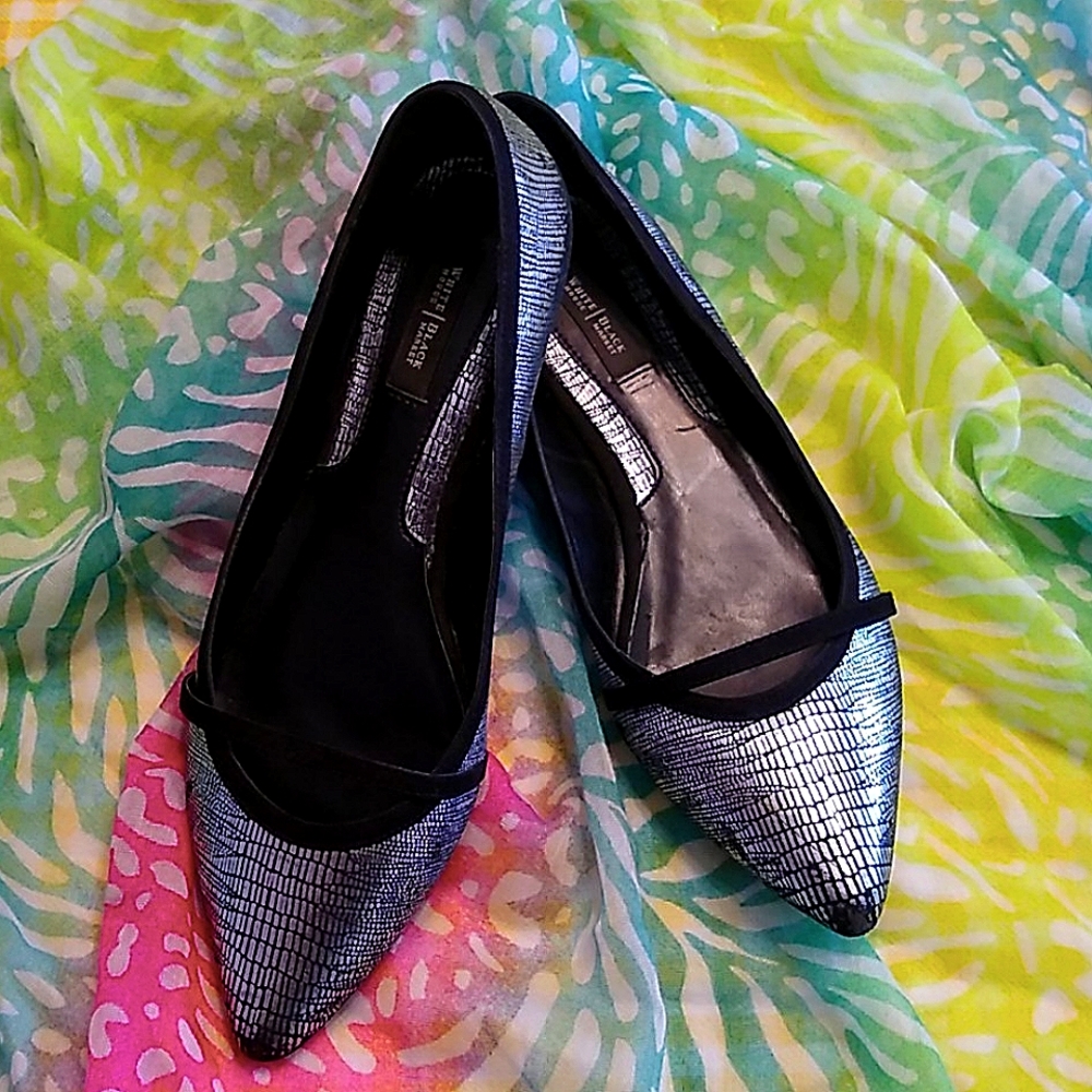 White House Black Market silver and black flats